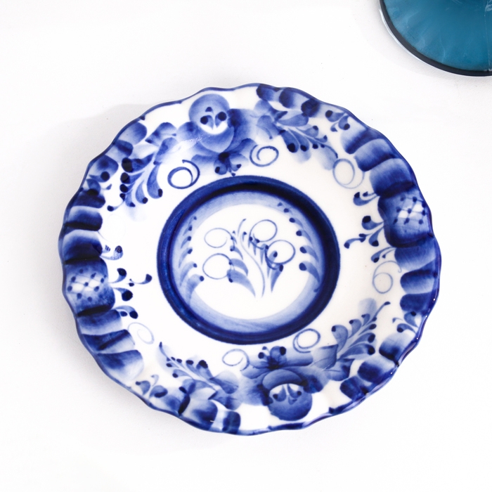 Блюдце гжель «Анемон», бело-синий,керамика, D = 15 см, Блюдце гжель «Анемон», бело-синий,керамика, D = 15 см,