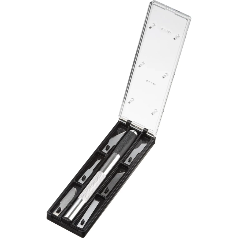 Нож макетный Topfort Набор 7поз.:нож мет.+TPR + 6лезв.разн.тип,пласт.бокс