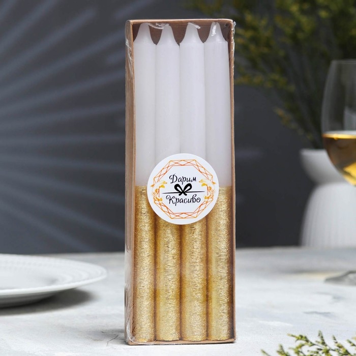 Набор свечей классических,1,9х 20 см, 4 шт, бело-золотой металлик Набор свечей классических,1,9х 20 см, 4 шт, бело-золотой металлик