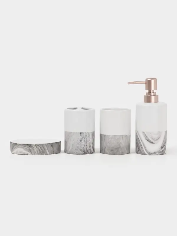 Аксессуары для ванной SAVANNA Stone gray, 4 предмета, дозатор для мыла 390 мл, 2 стакана, мыльница, белые