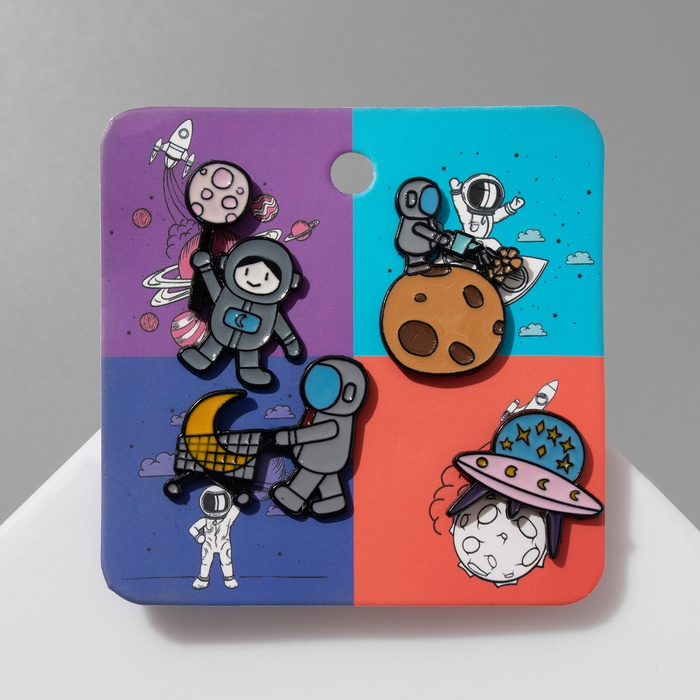 Набор значков (4шт) «Космос», цветные в чёрном металле Набор значков (4шт) «Космос», цветные в чёрном металле