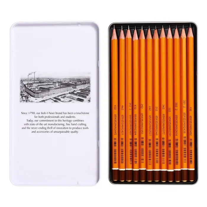 Набор карандашей чернографитных Koh-i-Noor 1502/III, 12 штук, разной твёрдости, шестигранные, деревянные, в металлическом пенале