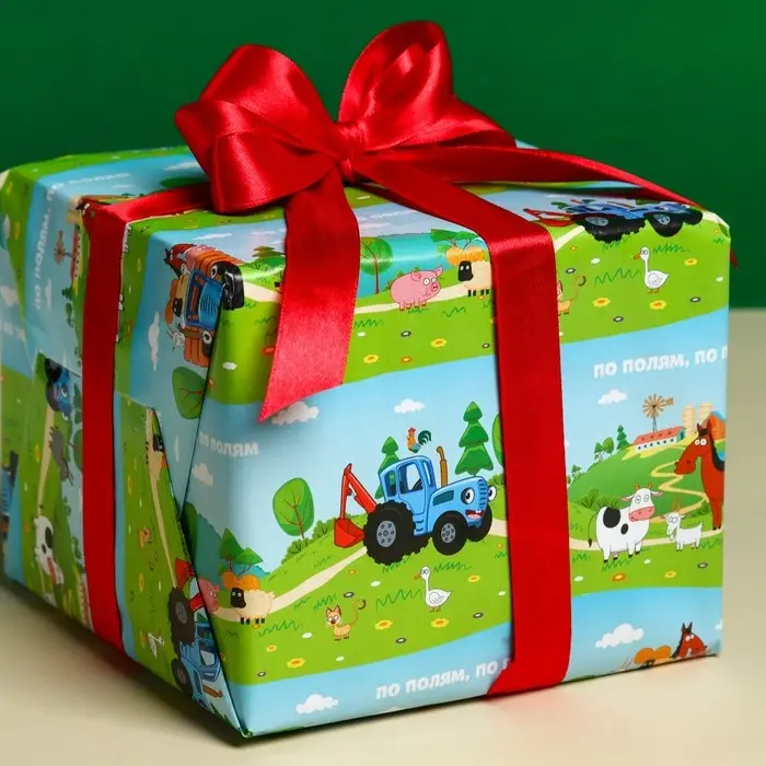 Бумага упаковочная глянцевая, «По полям», Синий трактор, 70х100 см