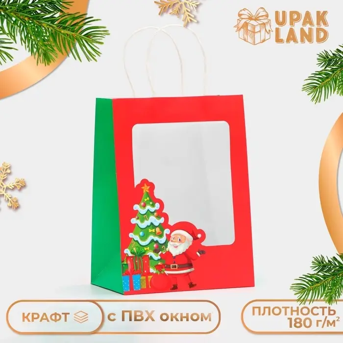 Пакет подарочный с окном «Дед мороз» 19×26×13 см, Красный Пакет подарочный с окном «Дед мороз» 19×26×13 см, Красный