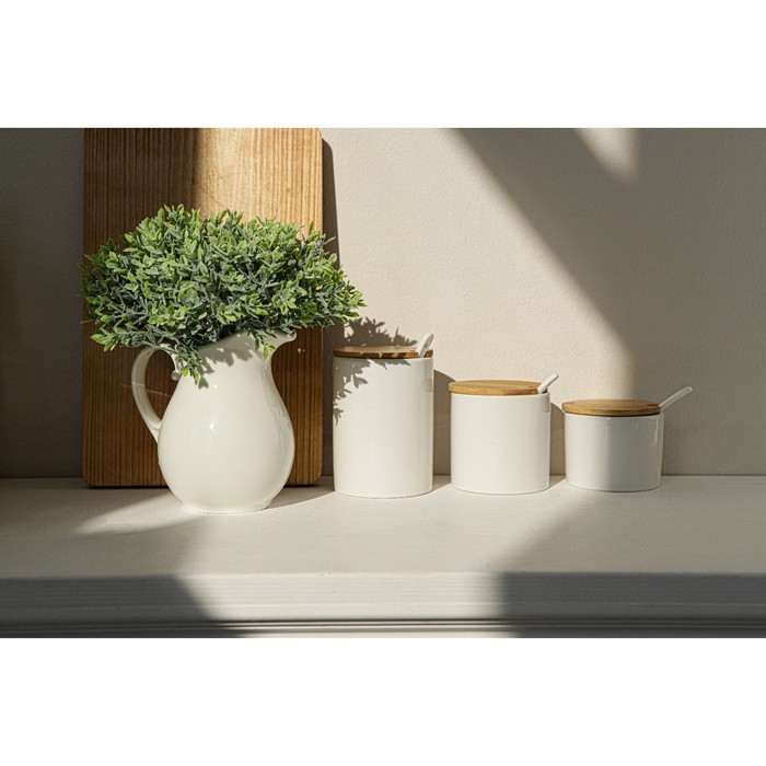 Банки для хранения сыпучих продуктов на бамбуковой подставке BellaTenero, 6 предметов: 3 банки 150 мл, 250 мл, 350 мл, 3 ложки, цвет белый