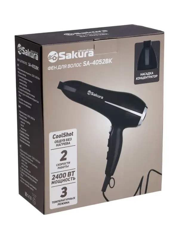 Фен Sakura SA-4052BK, 2400 Вт, 1.8 м, 3 температурных режима, 2 скорости, сушка холодным воздухом Фен Sakura SA-4052BK, 2400 Вт, 1.8 м, 3 температурных режима, 2 скорости, сушка холодным воздухом