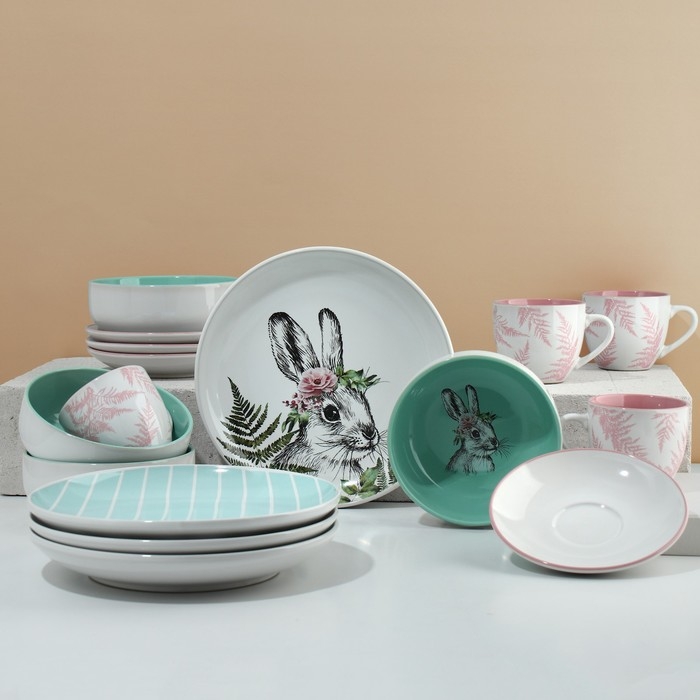 Набор посуды на 4 персоны Dolce Ceramo. «Пасха. Лесные персонажи», 16 предметов: 4 тарелки 23 см, 4 миски 14,5 см, 4 кружки 250 мл, 4 блюдца 15 см Набор посуды на 4 персоны Dolce Ceramo. «Пасха. Лесные персонажи», 16 предметов: 4 тарелки 23 см, 4 миски 14,5 см, 4 кружки 250 мл, 4 блюдца 15 см