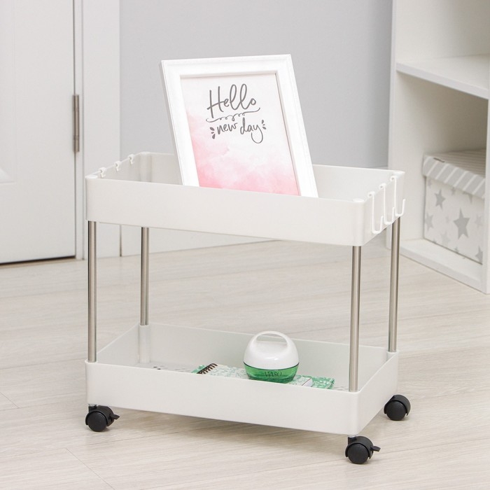 Этажерка 2-х ярусная на колёсах, 40×13×31 см, цвет белый Этажерка 2-х ярусная на колёсах, 40×13×31 см, цвет белый