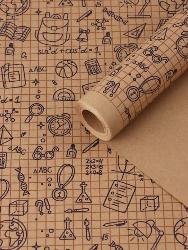 Бумага упаковочная крафт «Школьная пора», коричневый/синий на коричневом фоне 0.7×10±5%м Бумага упаковочная крафт «Школьная пора», коричневый/синий на коричневом фоне 0.7×10±5%м