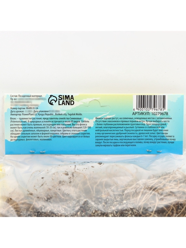 Флокс «Наташа» корневище в пакете с торфогрунтом, р-р I, 2 шт.