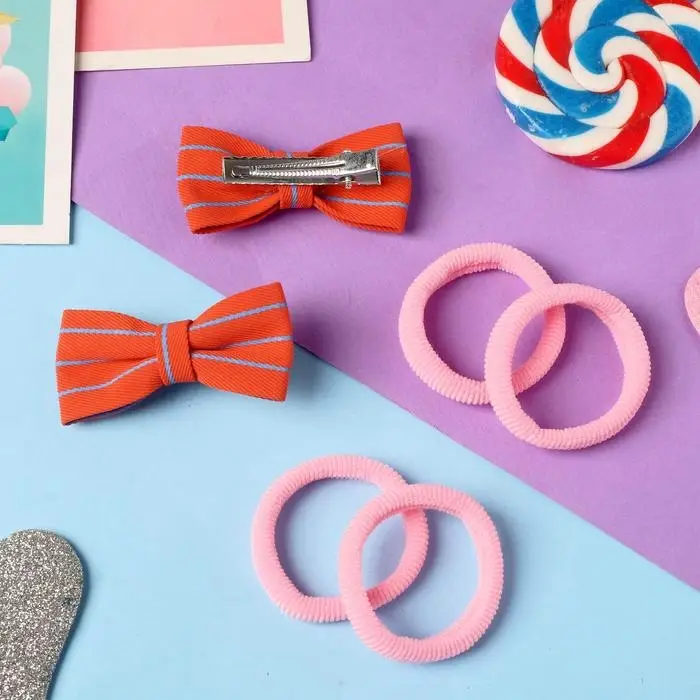 Набор для волос &laquo;Аннет&raquo;, 4 резинки, 2 зажима, строгие полосы, 5.5&times;3.5 см, красно-розовый