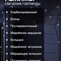 Гирлянда &laquo;Бахрома&raquo; 4&times;0.6 м, IP44, тёмная нить, 180 LED, свечение белое, 8 режимов, 220 В