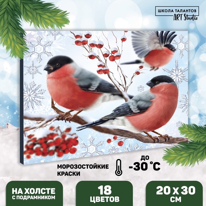 Новогодняя картина по номерам на холсте с подрамником &laquo;Новый год! Снегири на ветке&raquo;, 20 х 30 см