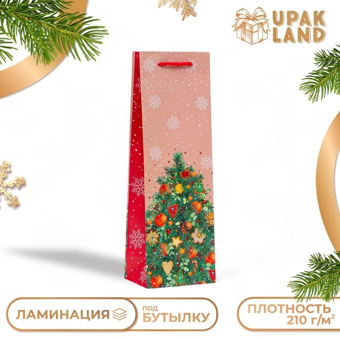 Новый год. Пакет подарочный новогодний под бутылку, упаковка  Новый год. Пакет подарочный новогодний под бутылку, упаковка "Красивая Ёлка", 12 х 36 х 8,5 см.