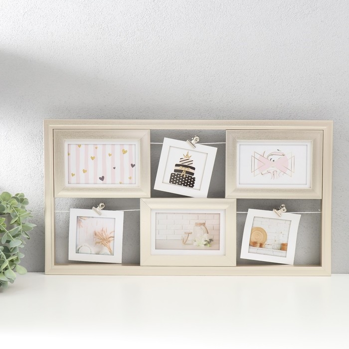 Фоторамка пластик на 6 фото "Теплые воспоминания" с прищепками, золото 53х30 см