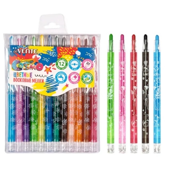 Мелки восковые 12 цветов deVENTE Cosmo, с поворотным механизмом, пластиковый блок на липучке Мелки восковые 12 цветов deVENTE Cosmo, с поворотным механизмом, пластиковый блок на липучке
