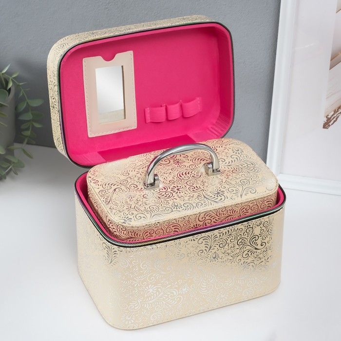 Шкатулка кожзам с зеркалом Шкатулка кожзам с зеркалом "Узоры, бабочки" беж н-р 3 шт 19х10,5х10,5 21х13х14 15х23х17см