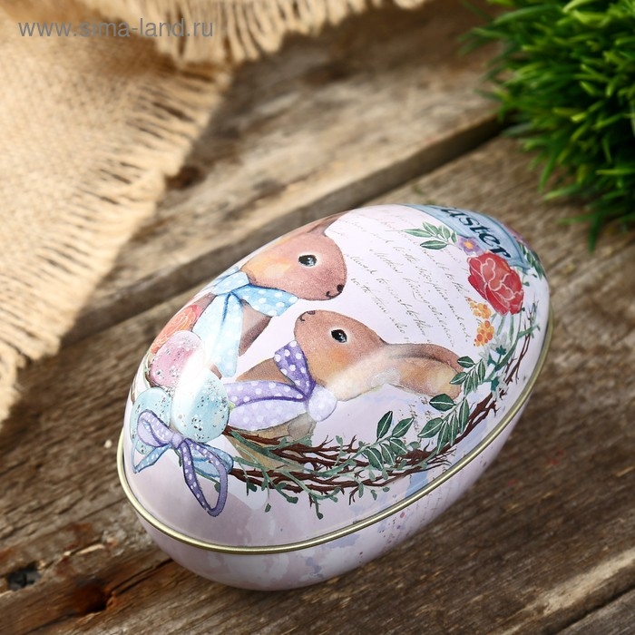 Шкатулка металл яйцо  Шкатулка металл яйцо "Кролики" 11х6,5х7 см