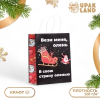 Новый год. Пакет бумажный подарочный новогодний крафт, "Вези меня" , 27 х 21 х 11 см.