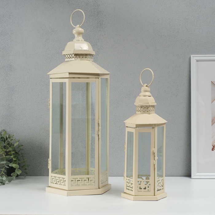 Подсвечник металл, стекло фонарик Подсвечник металл, стекло фонарик "Фес" белый с патиной набор 2 шт 35х13,5х11,8; 51х21х18 см