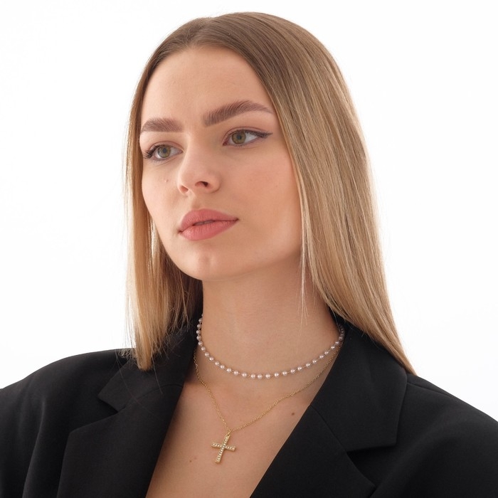 Кулон «Цепь» нить из жемчуга, крестик плавный, цвет белый в золоте, 35 см Кулон «Цепь» нить из жемчуга, крестик плавный, цвет белый в золоте, 35 см