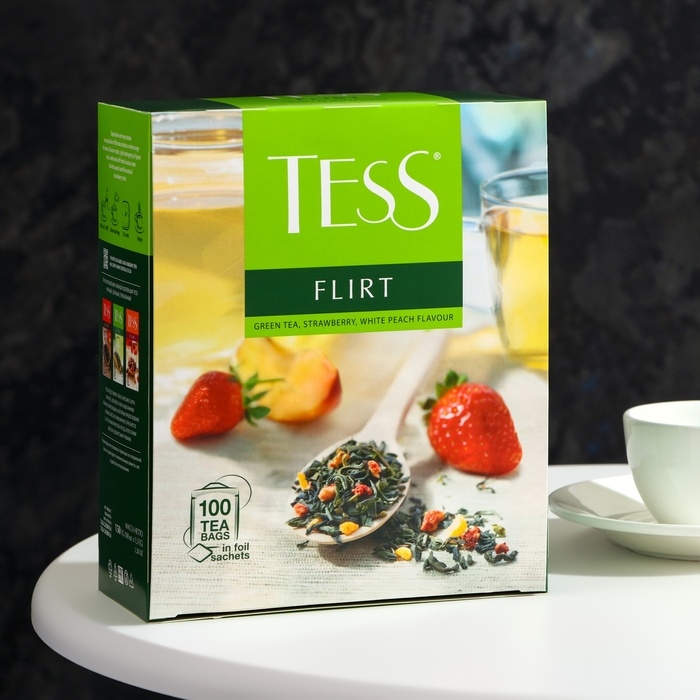 Чай зелёный TESS FLIRT со вкусом клубники и белого персика, 150 г Чай зелёный TESS FLIRT со вкусом клубники и белого персика, 150 г