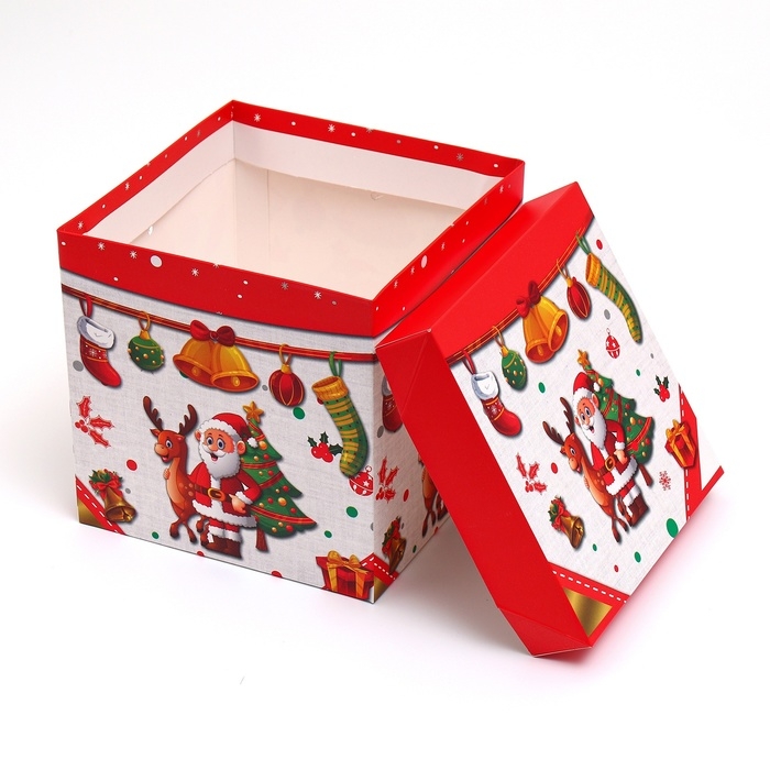 Новый год. Коробка подарочная новогодняя складная Новый год. Коробка подарочная новогодняя складная "Дед мороз и Елка" 15х15х15 см.