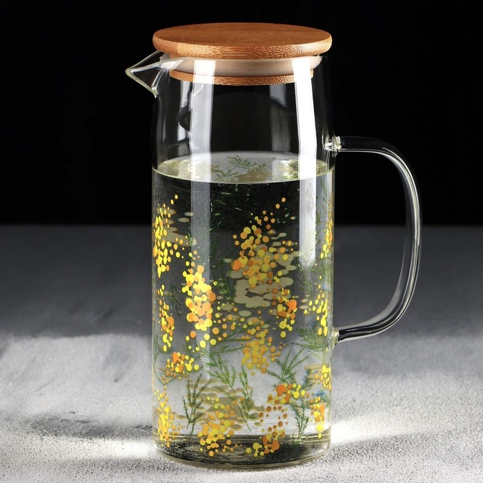 Кувшин стеклянный с бамбуковой крышкой «Нежная мимоза», 1000 мл, с крышкой Кувшин стеклянный с бамбуковой крышкой «Нежная мимоза», 1000 мл, с крышкой