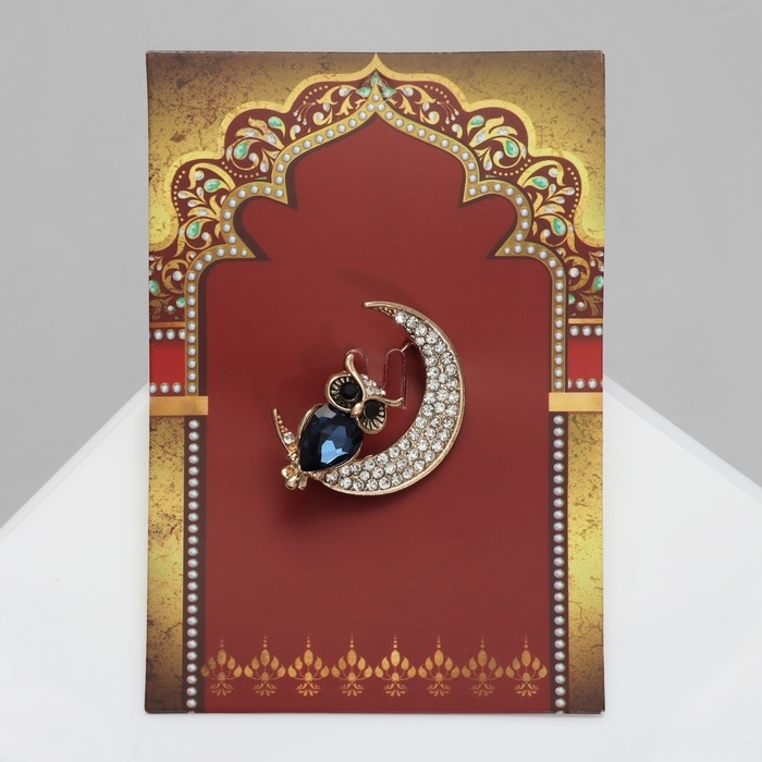 Брошь «Сова на месяце», цвет бело-синий в золоте Брошь «Сова на месяце», цвет бело-синий в золоте