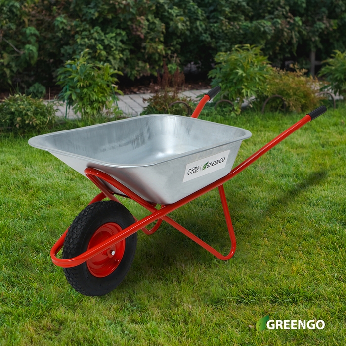 Тачка строительная, 1 пневмоколесо, груз/п 200 кг, объем 110 л, оцинкованный кузов 0,8 мм, Greengo Тачка строительная, 1 пневмоколесо, груз/п 200 кг, объем 110 л, оцинкованный кузов 0,8 мм, Greengo