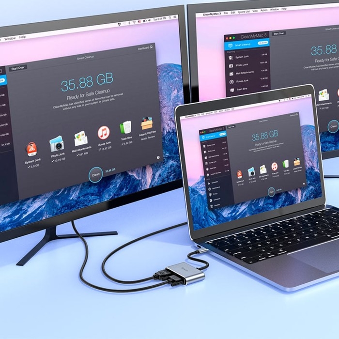 Адаптер Hoco HB30, HDMI/VGA/USB3.0/PD 15 см, серый Адаптер Hoco HB30, HDMI/VGA/USB3.0/PD 15 см, серый