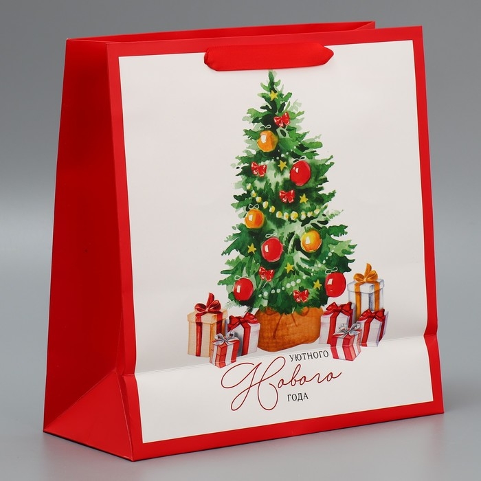 Пакет подарочный новогодний ламинированный квадратный Happiness, 30 х 30 х 12 см, Новый год