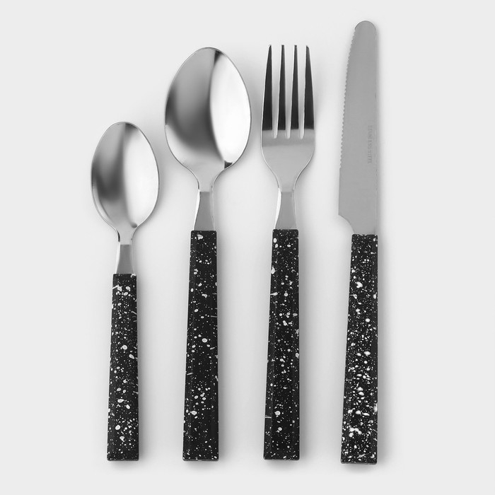 Столовые приборы из нержавеющей стали на подставке «Мрамор чёрный», 24 предмета, толщина 1,2 мм Столовые приборы из нержавеющей стали на подставке «Мрамор чёрный», 24 предмета, толщина 1,2 мм