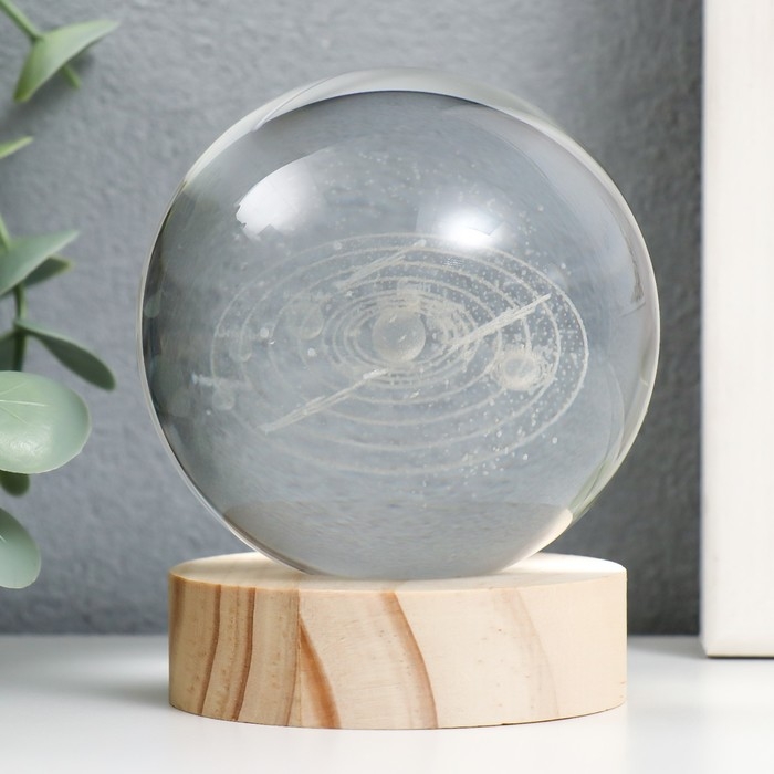 Сувенир стекло подсветка  Сувенир стекло подсветка "Метеоритный дождь" d=8 см подставка дерево, USB 8х8х9,5 см