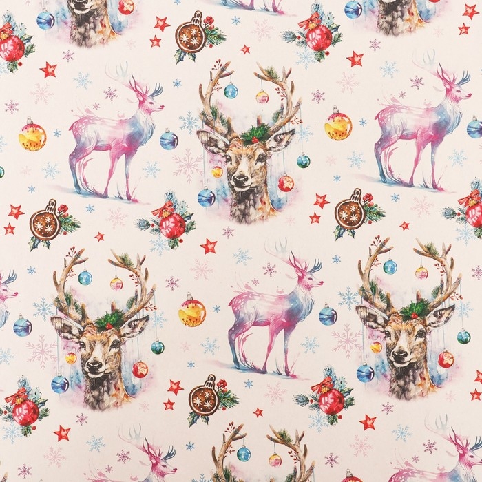 Новый год. Бумага упаковочная крафт белый Новый год. Бумага упаковочная крафт белый "Олени", 70 х 100 см,1 лист,