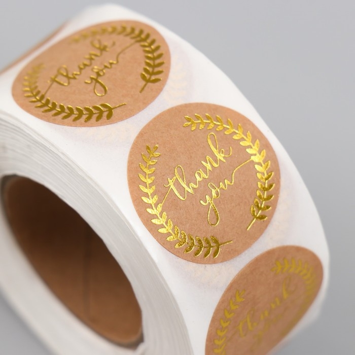 Наклейка бумага Наклейка бумага "Крафт. Спасибо. Веточки" с золотинкой d=2,5 см 500 шт в рулоне 3х6,5х6,5 см 96839
