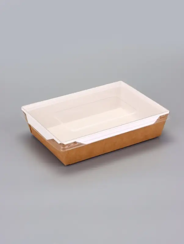 Салатник одноразовый, контейнер с плоской прозрачной крышкой, крафт, 1 л,, 20&times;14&times;5.5 см