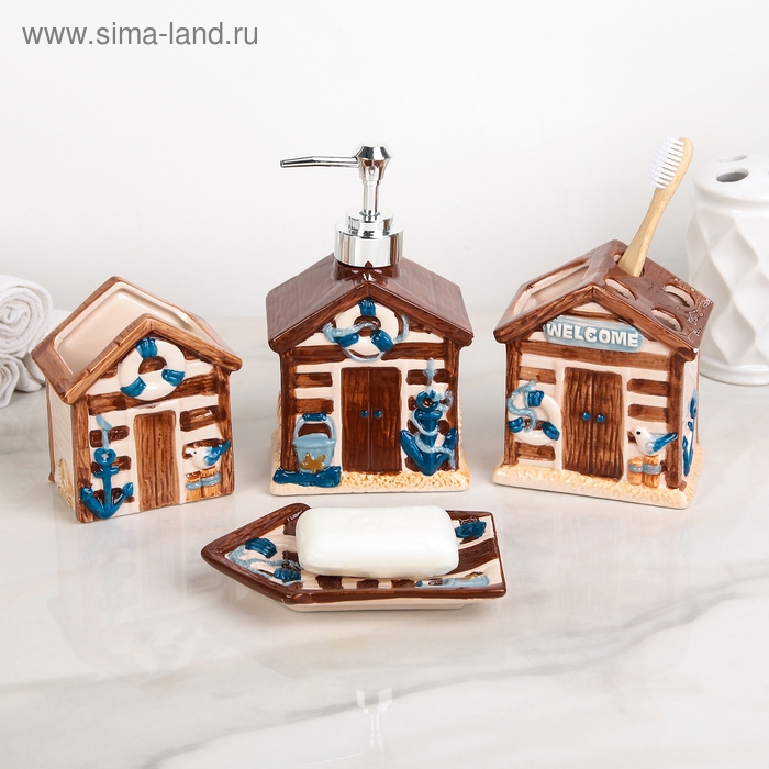 Набор аксессуаров для ванной комнаты Доляна «Маяк», 4 предмета (дозатор 400 мл, мыльница, 2 стакана), цвет коричневый Набор аксессуаров для ванной комнаты Доляна «Маяк», 4 предмета (дозатор 400 мл, мыльница, 2 стакана), цвет коричневый