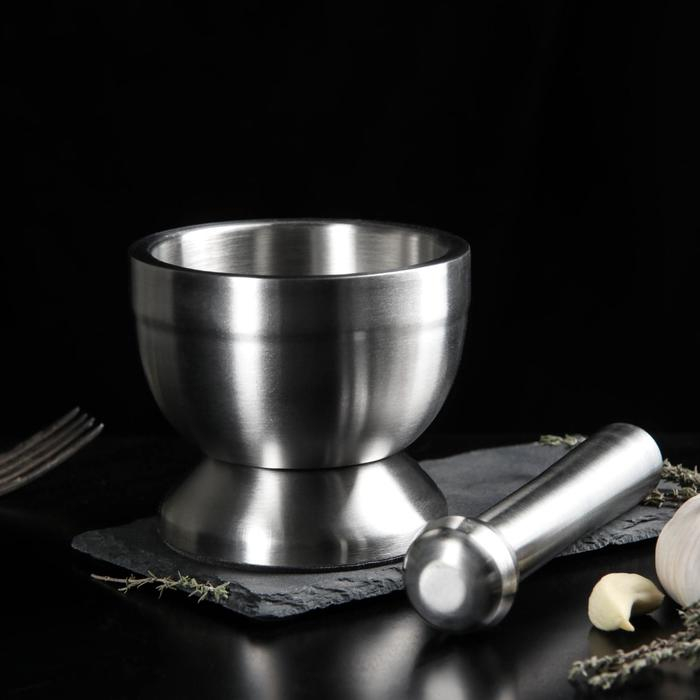 Ступка с толкушкой Доляна Steel, 10 см, нержавеющая сталь Ступка с толкушкой Доляна Steel, 10 см, нержавеющая сталь