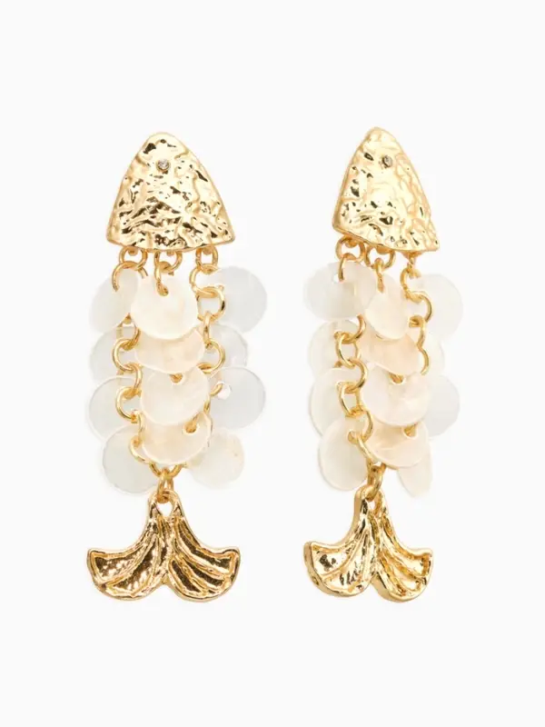 Серьги "Морской мир" чешуя рыбки, цвет белый в золоте