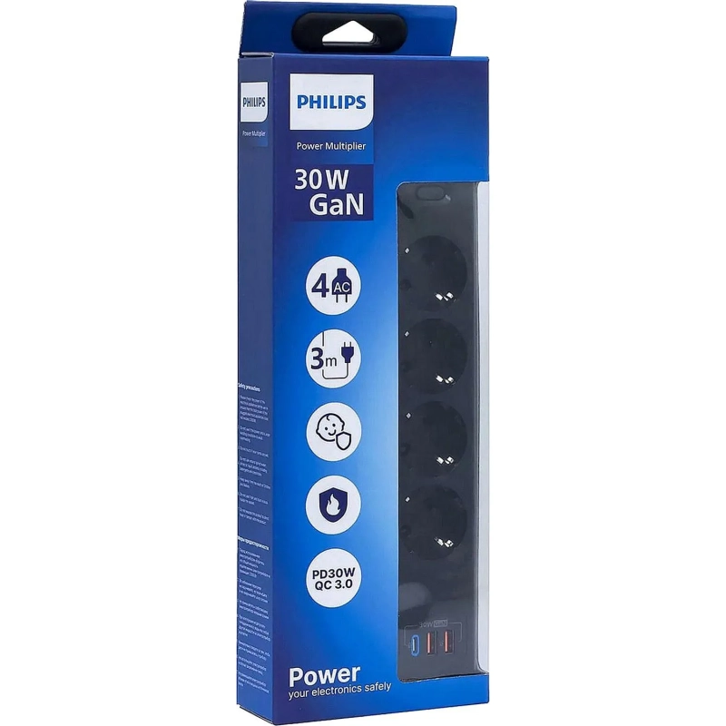 Сетевой фильтр Philips CHP8246BB/51 4р/3м с USB, 10А, черный
