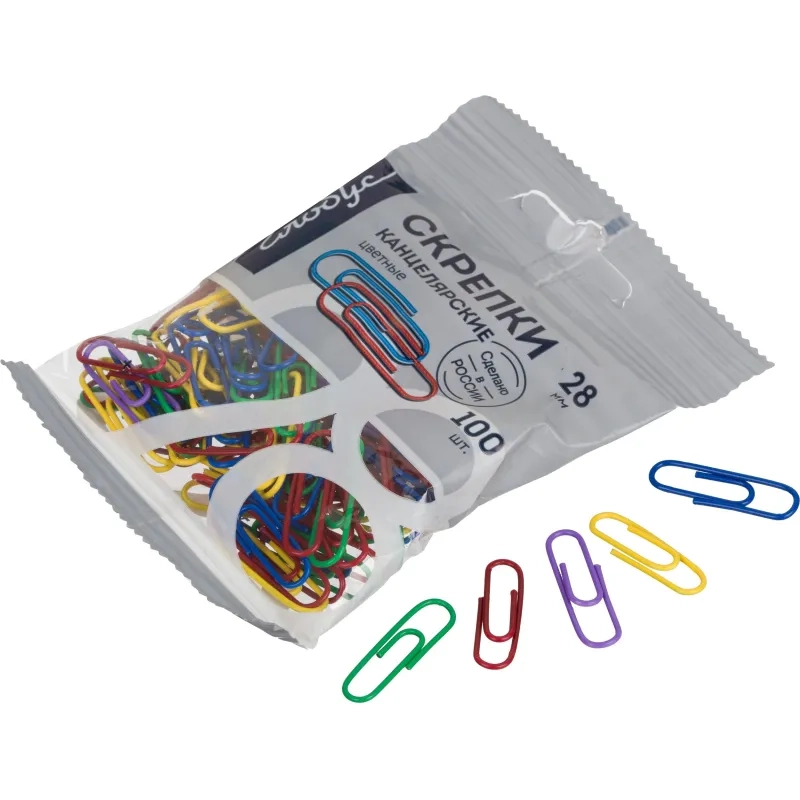 Скрепки Глобус С28-100ППл c полимерн.покрыт,28мм,разноцв,европодв,100 шт/уп