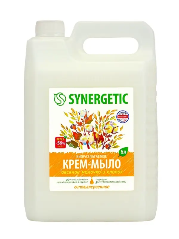 Крем-мыло жидкое биоразлагаемое для мытья рук и тела SYNERGETIC Крем-мыло жидкое биоразлагаемое для мытья рук и тела SYNERGETIC "Овсяное молочко и хлопок", 5 л 1092