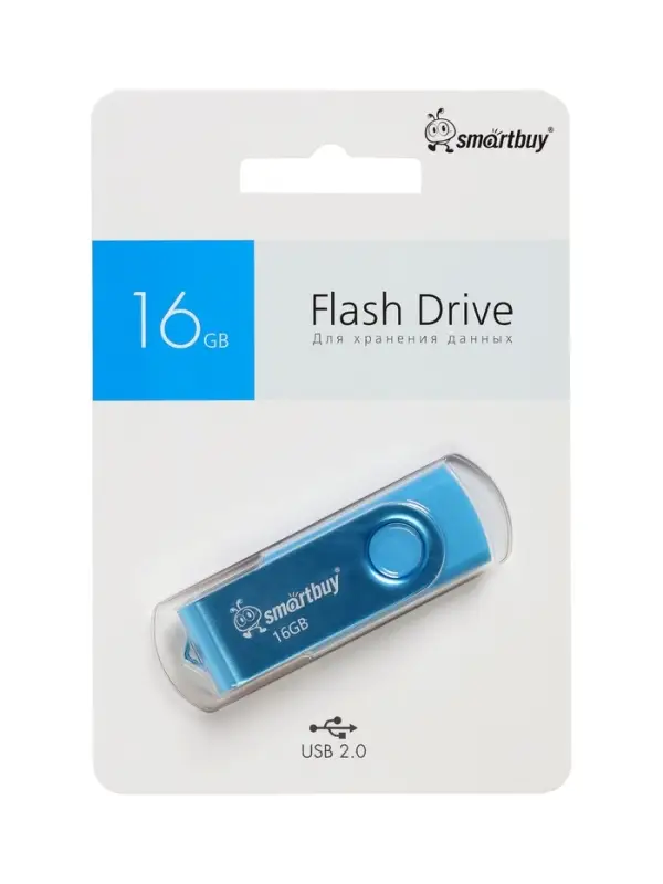 Флешка Smartbuy Twist, 16 ГБ, USB 2.0, чтение до 25 Мб/с, запись до 15 Мб/с, синяя