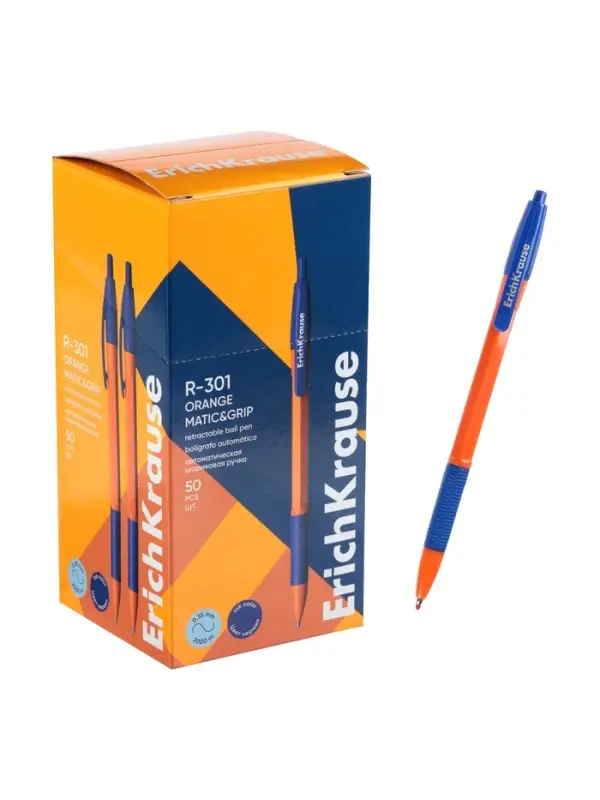 Ручка шариковая ErichKrause. R=301 Orange Matic & Grip, автоматическая, синий стержень, узел 0.7 мм, резиновый упор