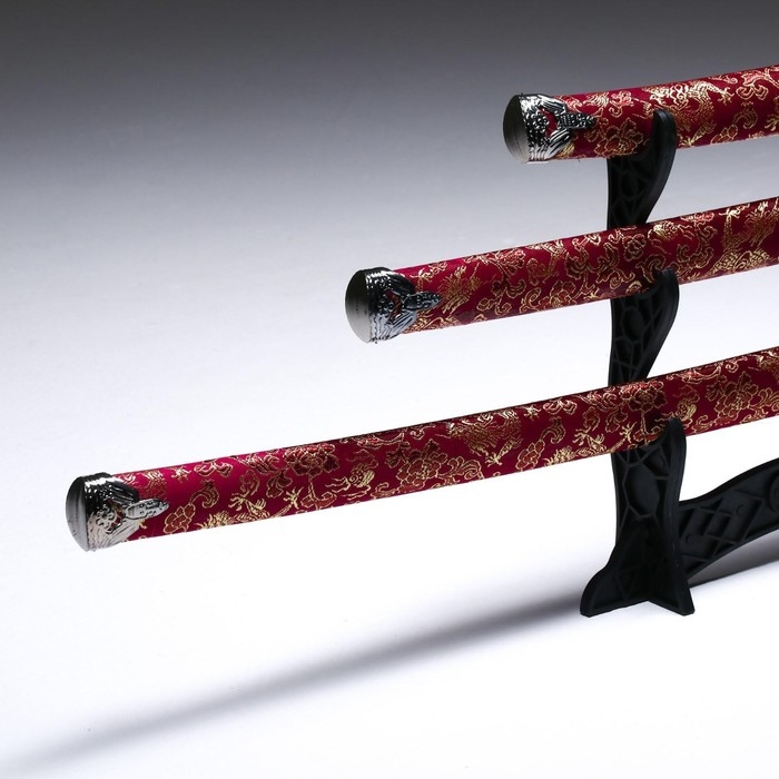 Сув. изделие катаны 3в1 на подставке, ножны ткань, драконы золото на бордо  47/70/89см