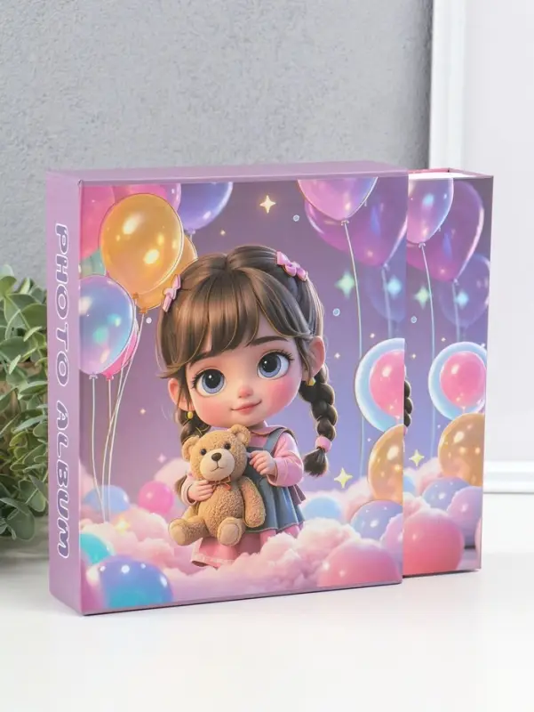 Фотоальбом на 80 фото 10х15 см "Малышка с косичками, с мишкой" в коробке 5х19х22,8 см