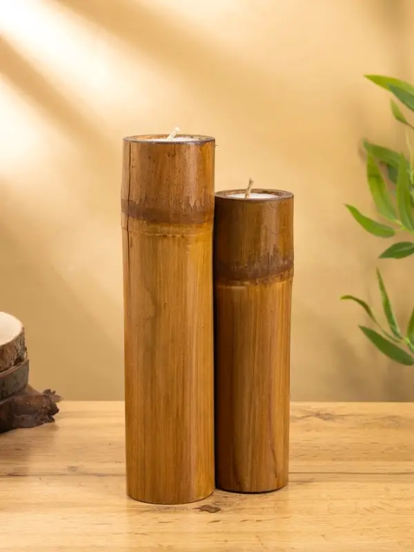 Свеча в бамбуке тройная, 14×15×30 см, 100 мл, бежевая