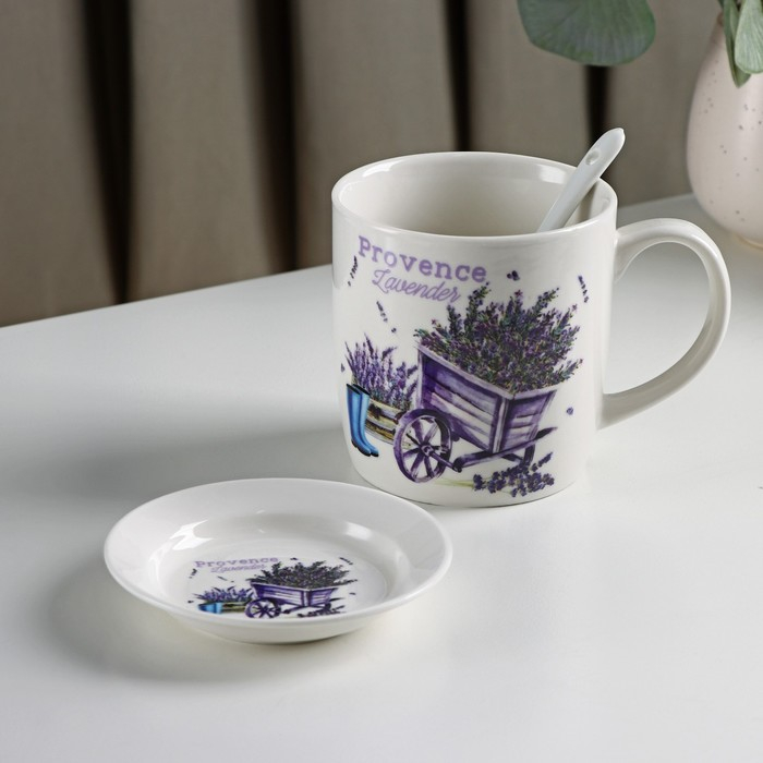 Кружка керамическая с ложкой на подставке &laquo;Лаванда&raquo;, 330 мл, рисунок МИКС