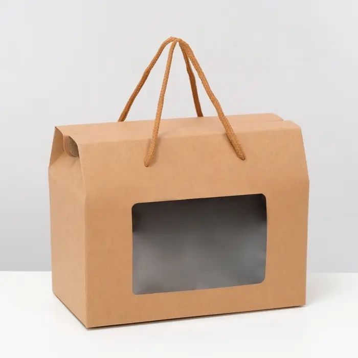 Коробка - пакет, с окном и ручками, крафтовая, 20&times;15&times;11 см